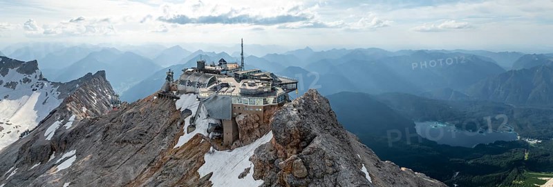 Alpine panorama, mountain station of the Zugspitzbahn, Zugspitze and Zugspitzplatt with glacier, high mountains, Bavaria, Germany, Europe