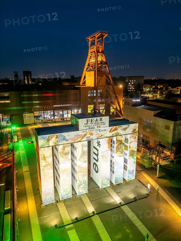 Temporary art installation Global Gate at the UNESCO World Heritage Site Zeche Zollverein, interpretation of the Brandenburg Tor tor made of 37 freight containers, created as part of the KI Biennale, artistically designed by the artist Super*me, developed by Marcus shepherd, stands on the Zollverein site, EssenNorth Rhine-Westphalia, Germany until 30.03.25
