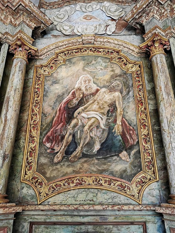 Altarpiece Holy Trinity, God the Father, Jesus and the Holy Spirit in the chapel of the pilgrimage church of Gößweinstein. Place of pilgrimage in Franconian Switzerland, district of Forchheim, Upper Franconia, Bavaria, Germany, Europe