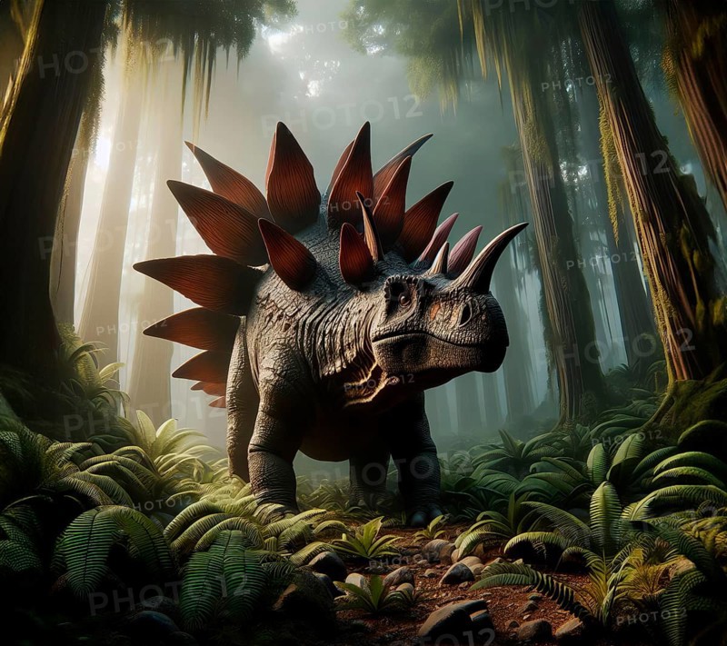 Prehistory, dinosaurs, a stegosaurus, a dinosaur in a prehistoric forest, AI generated, AI generated
