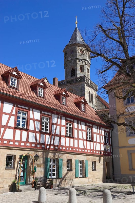 Old monastery school and tower of St Michael's Church, Neunkirchen am Brand Monastery, Augustinian Canons Monastery, Neunkirchen am Brand, Forchheim district, Upper Franconia, Bavaria, Germany, Europe