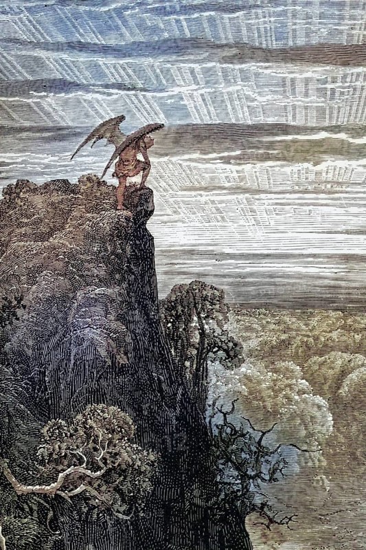 Illustration by Gustave Dore (1832-1883) for Paradise Lost, The Paradise Lost, published in 1667, is an epic poem in blank verse by the English poet John Milton, Inferno, Hell, Paradise, Angel, Damnation, Historical, digitally restored reproduction from a 19th century original, Record date not stated