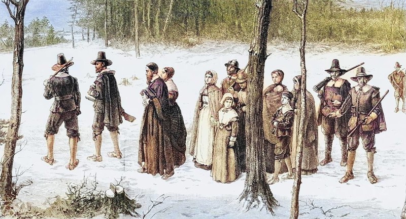 Pilgrim Fathers on their way to church. From American Pictures Drawn With Pen And Pencil by Rev Samuel Manning c. 1880, United States, America, Historic, digitally restored reproduction from a 19th century original, Record date not stated, North America