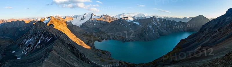 Evening mood, mountain panorama, aerial view, 4000 metre peak with glacier, mountain pass and mountain lake Ala-Kul Lake, Tien Shan, Kyrgyzstan, Asia