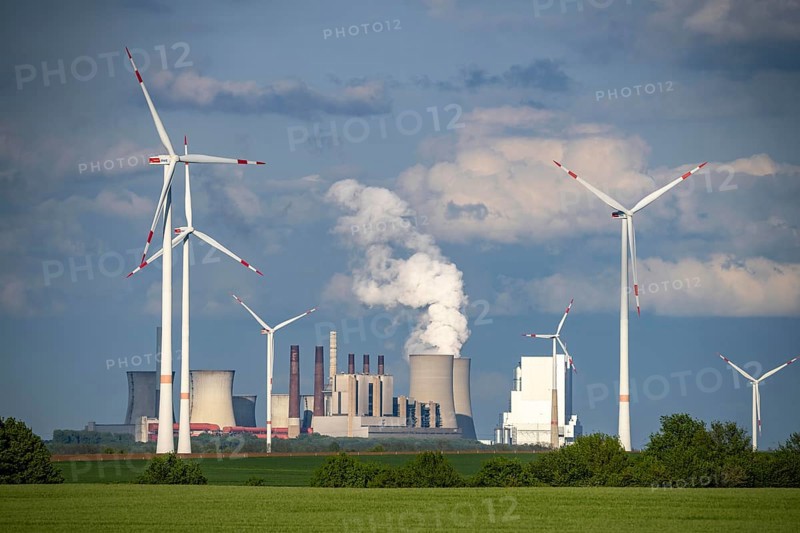 Neurath lignite-fired power station, RWE Power AG, wind farm partly owned by RWE, Grevenbroich, North Rhine-Westphalia, Germany, Europe