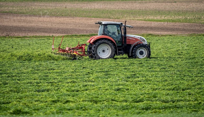 Tractor, mowing grass, turning the grass, near Issum, Lower Rhine, North Rhine-Westphalia, Germany, Europe