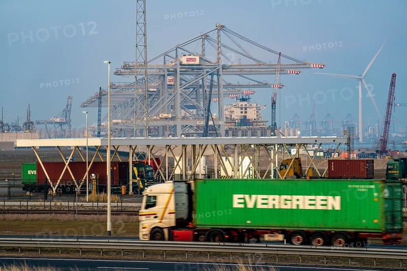 Port of Maasvlakte2, entry and exit control to RWG Container Terminal, container lorries pick up and bring containers to and from the container terminal, Rotterdam, Netherlands