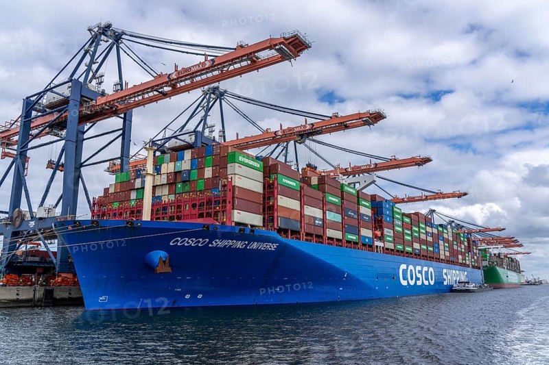 Euromax Container Terminal, container freighter Cosco Shipping Universe being loaded and unloaded, seaport of Rotterdam, deep sea harbour Maasvlakte 2, on an artificial land area, Netherlands