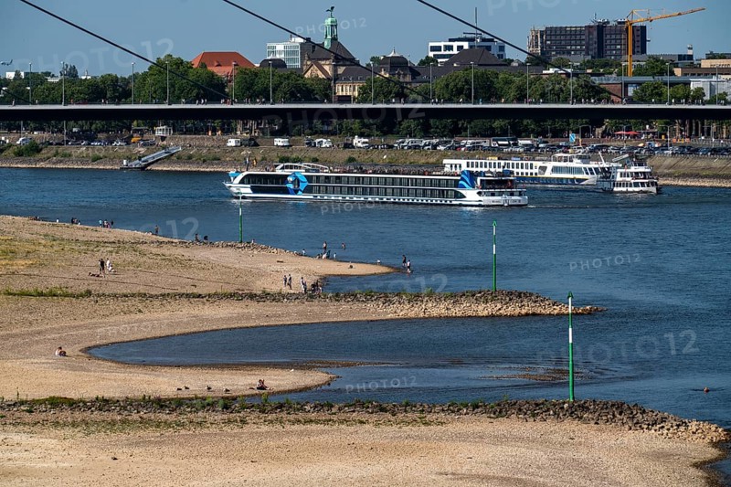 Rhine at Düsseldorf, extremely low water, Rhine level at 81 cm, tendency falling, after a long drought the left bank of the Rhine is dry, at Düsseldorf Oberkassel, view from the Rheinkniebrücke to the Oberkassler Brücke North Rhine-Westphalia, Germany, Europe