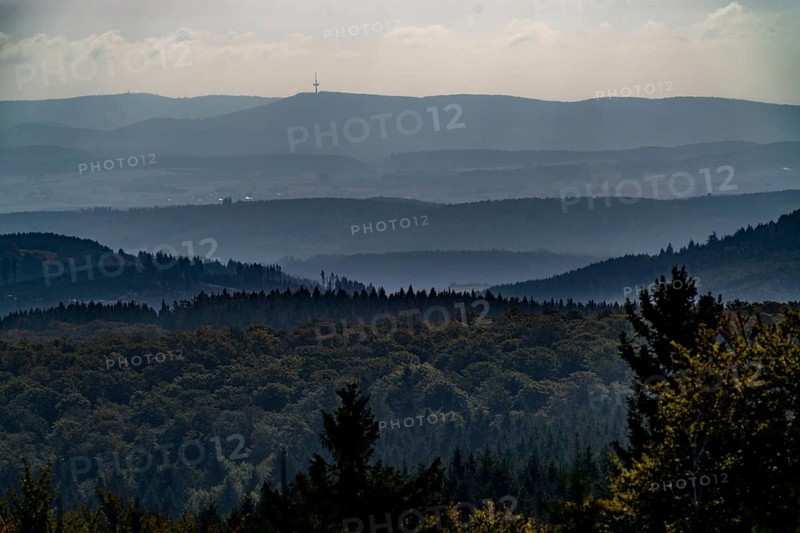 View from Kahlen Asten mountain, to the east, forest landscape in Hochsauerlandkreis, Hochheide, North Rhine-Westphalia, Germany, Europe