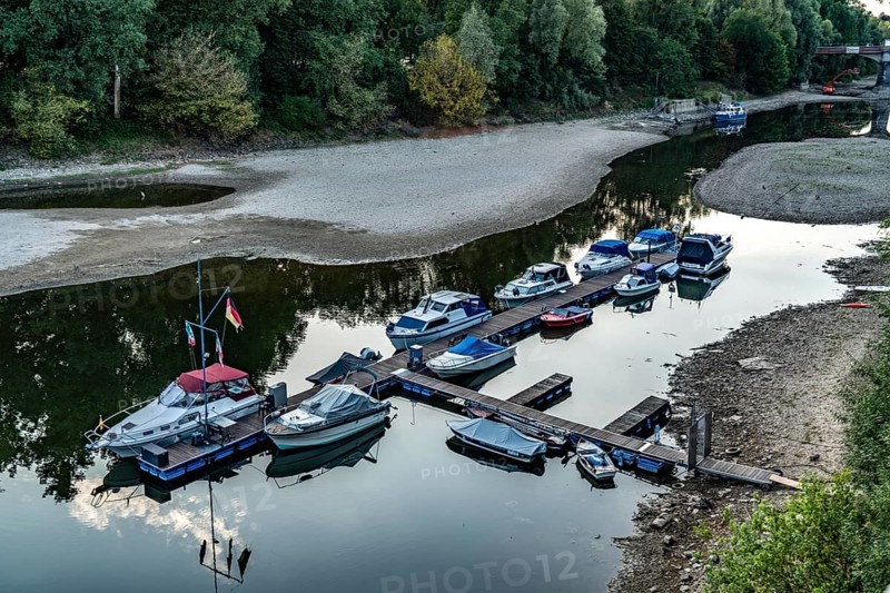 The Rhine at extremely low water, near Bad Honnef Rhöndorf, below the Drachenfels, jetty in the Old Rhine arm, on the island of Grafenwerth, dry banks of the Rhine, North Rhine-Westphalia, Germany, Europe