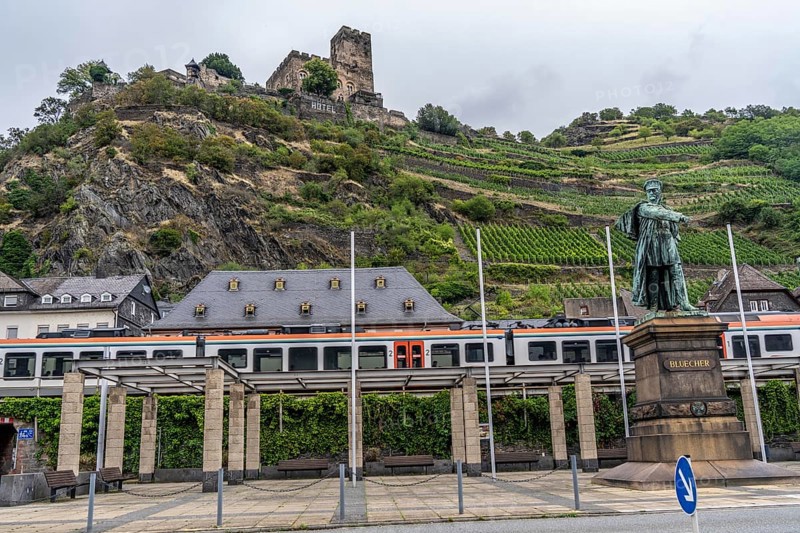 Upper Middle Rhine Valley, railway line on the right bank of the Rhine, regional train, goods train line, up to 400 freight trains run here within 24 hours, on both sides, through the Rhine Valley, directly through villages and close to buildings, near Kaub, Blücher monument, Rhineland-Palatinate, Germany, Europe