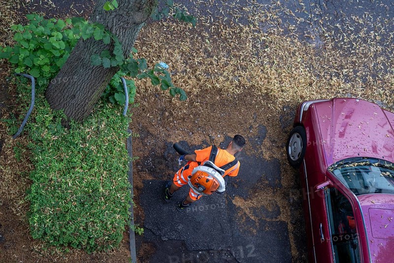 Street cleaning, an employee of the municipal city cleaning service, cleans pavements and parking bays, with a leaf blower, in summer, from tree blossoms, Essen, North Rhine-Westphalia, Germany, Europe
