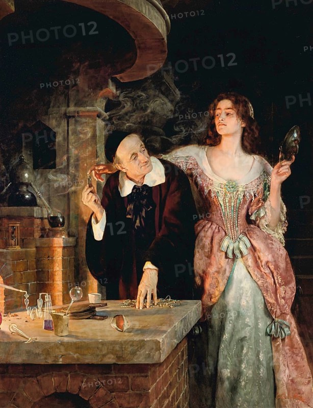 An alchemist and a woman in elaborate clothing stand in a medieval laboratory, surrounded by chemical utensils and a mystical atmosphere. The Laboratory, Man and woman as scientists, Painting by John Maler Collier (28 January 1850, 11 April 1934), British writer and painter, Historic, digitally restored reproduction from a 19th century original, Record date not stated