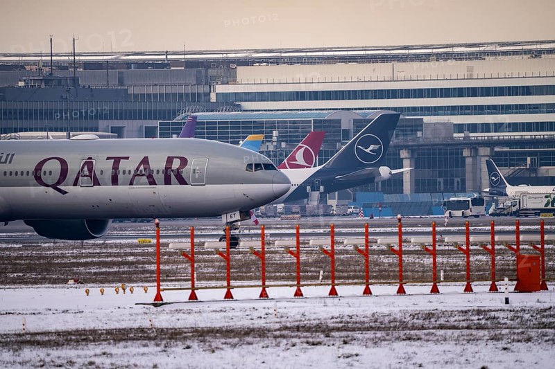 Aircraft on the taxiway at Frankfurt FRA airport, Fraport, in winter, Hesse, Germany, Europe