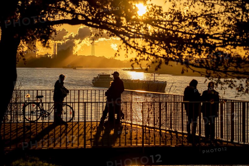 Rhine promenade in Duisburg-Wanheim, sunset, view of the Rhine and Hüttenwerke Krupp Mannesmann, coking plant, Duisburg, North Rhine-Westphalia, Germany, Europe