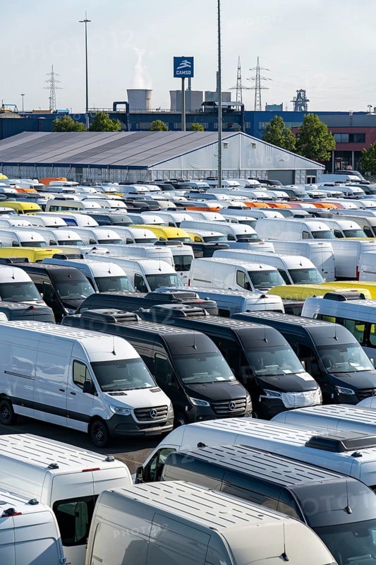 Car terminal in the inland port Logport I, in Duisburg on the Rhine, vehicle handling of new cars, vans, Mercedes-Benz Sprinter, storage space, North Rhine-Westphalia, Germany, Europe