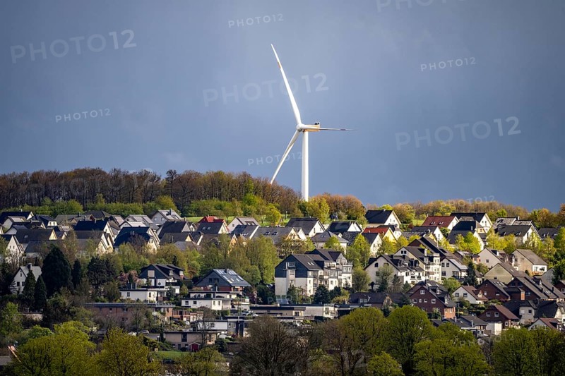 View over Breckerfeld, in the south-east of the Ruhr area, part of the Ennepe-Ruhr district, wind turbine of the energy supplier AVU, North Rhine-Westphalia, Germany, Europe