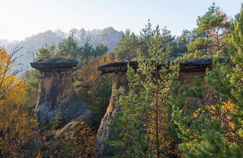Three striking rocks in the evening light, surrounded by forest and hilly landscape in autumn, rock formation Kokorinske poklicky, Kokorínský dul nature reserve, sandstone formations, Daubian Switzerland, Okres Melník, Melnik, Central Bohemia, Czech Republic, Europe