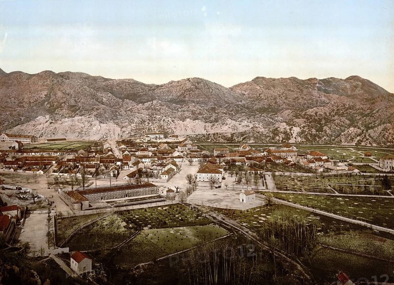 View of the town of Cetinje from the west, Montenegro, View from 1885, Historical, digitally restored reproduction from a 19th century original, Record date not stated, Europe