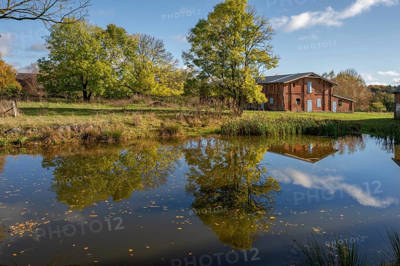 Othenstorf estate with pond and historic pigsty, built around 1900, Othenstorf, Mecklenburg-Vorpommern, Germany, Europe