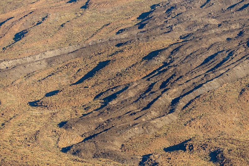 Panorama during the ascent to the Alto de Guajara, 2715m, over the Teide National Park, Parque Nacional del Teide, with solidified lava flows at the foot of the Pico del Teide, 3715m, at sunrise, Tenerife, Canary Islands, Spain, Europe