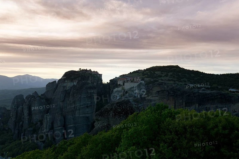 Sandstone formations at dusk, backlight, Meteora, Thessaly, Greece, Europe