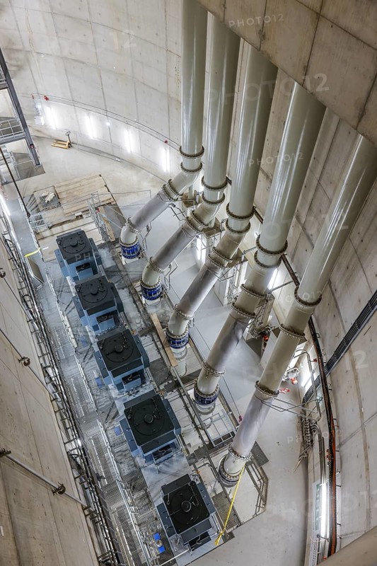 Oberhausen, Ruhr area, North Rhine-Westphalia, Germany - Emscher conversion, new Emscher AKE sewer, here the new Oberhausen pumping station, the engine room with the pumps that will pump 16, 000 litres of wastewater per minute in the future, the ecological conversion of the Emscher system consists of the construction of a central wastewater treatment system in the Ruhr area, the construction of sewers and the renaturation of the Emscher and its tributaries