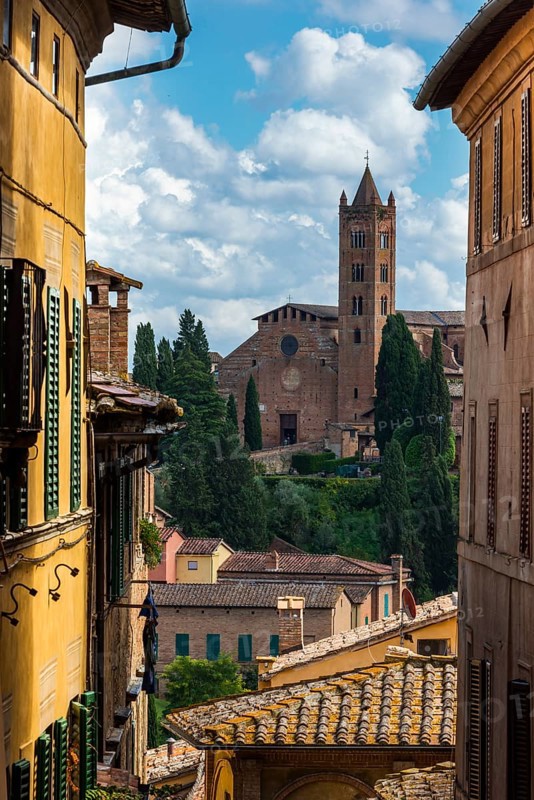 Old town with view of Basilica di San Clemente, historical, building, alley, Siena, Tuscany, Italy, Europe