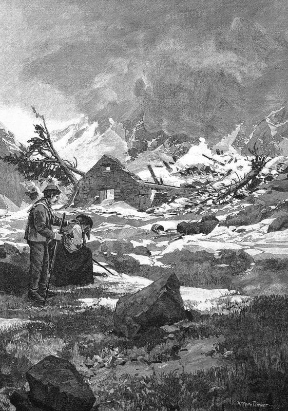 After the avalanche, the snow destroyed a farm, Switzerland, sad couple in the foreground, Historical, digitally restored reproduction from a 19th century original, around 1890, Record date not stated, Europe