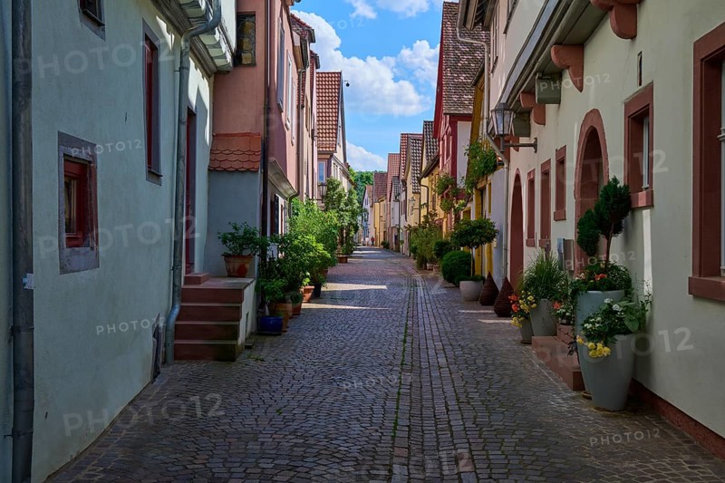 Idyllic narrow alley with cobblestones and traditional houses decorated with flowers under a bright blue sky, Karlstadt, Main Spessart, Bavaria, Germany, Europe