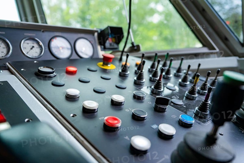 Detailed view of an industrial control panel with knobs and levers, track construction Hermann Hesse railway, Calw district, Black Forest, Germany, Europe