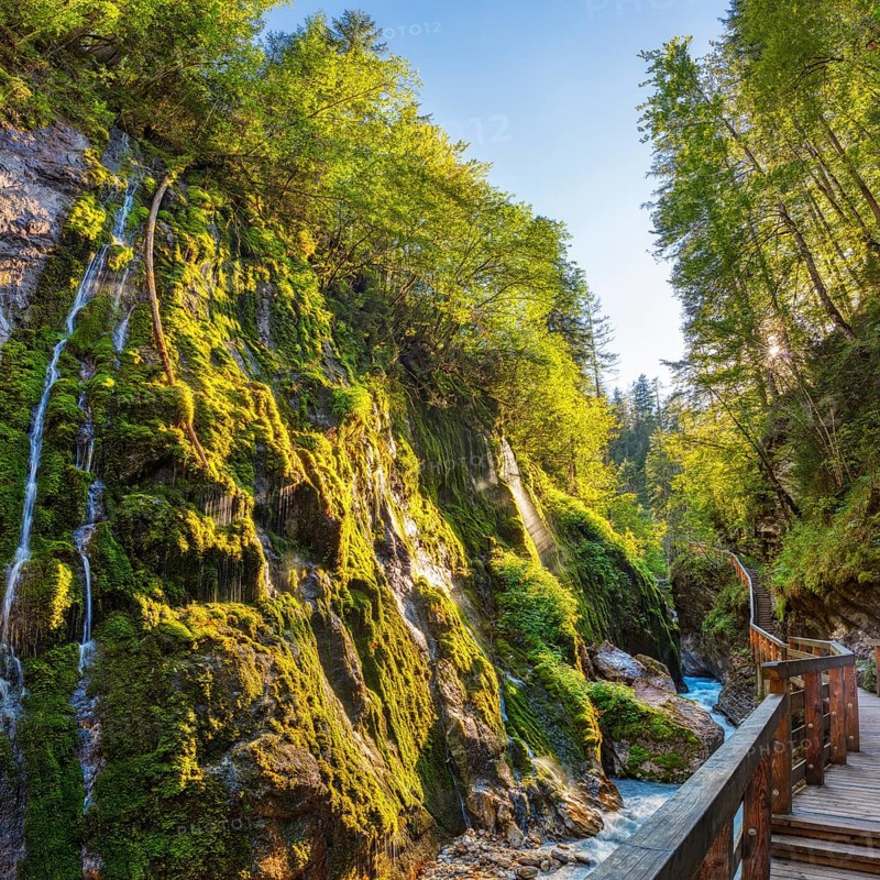 A sun-drenched plank path next to a moss-covered rock with a waterfall in the background, Wimbachklamm gorge