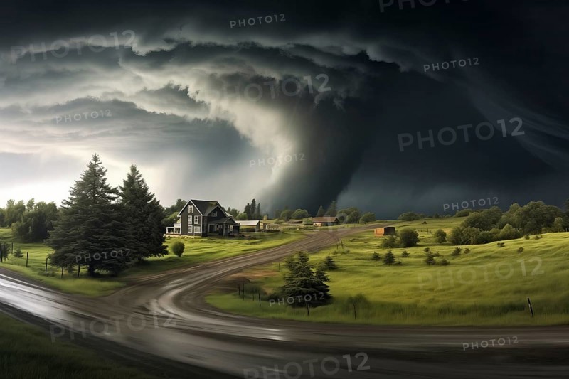 Disaster catastrophe storm concept - tornado in a field in the USA with wooden house and road under stormy dark sky, AI generated