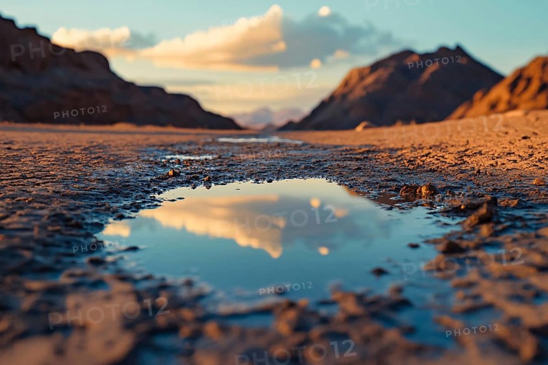Water puddle in dry desert ground. Drough concept. Generative AI, AI generated