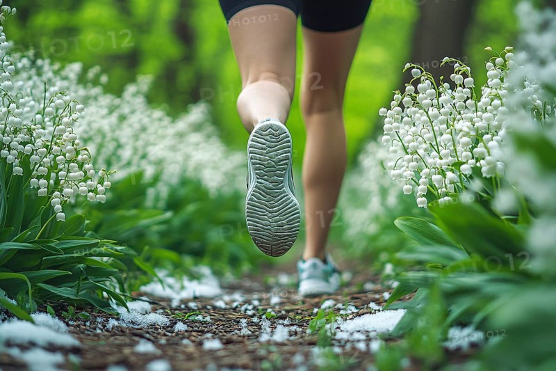 Back view of woman's feet with sport shoes jogging in park with white Lily of the Valley spring flowers. Generative AI, AI generated