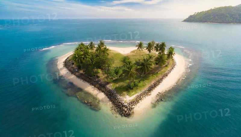 Symbol, small heart-shaped island in the sea, love island, honeymoon, palm beach, aerial view, AI-generated, AI generated