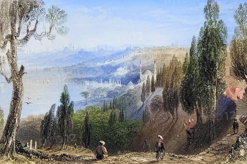 Cemetery and mosque of Ayub, Eyyub, Turkey, 1850, Historical, digitally restored reproduction from a 19th century original, Record date not stated, Asia