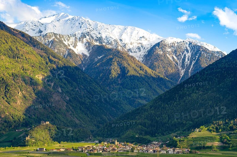 View of the village of Morter with the mountains of the Stelvio National Park behind it, evening mood, Goldrain, Latsch, Vinschgau, South Tyrol, Italy, Europe