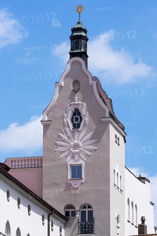 Poor girls' secondary school, historic building with decorative relief, Regensburg, Upper Palatinate, Bavaria, Germany, Europe