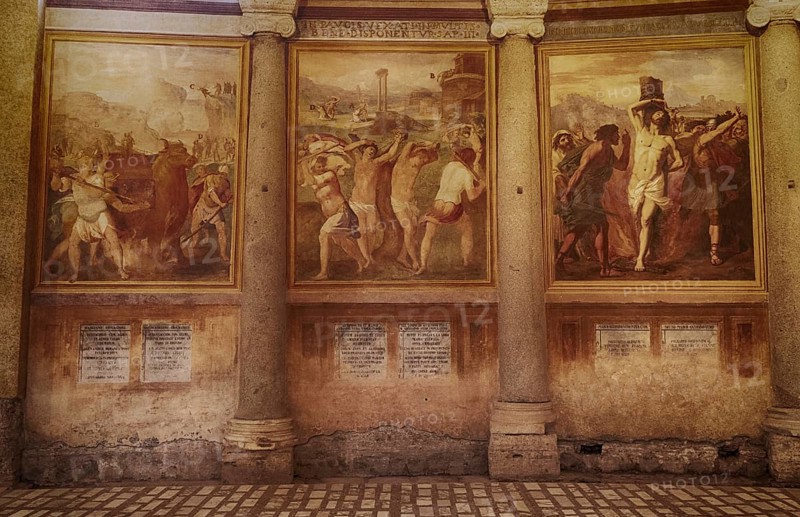Basilica minor Santo Stefano Rotondo, Santo Stefano al Monte Celio, Basilica di Santo Stefano Rotondo al Celio, church in Rome on the Celio hill, Italy, frescoes of early Christian martyrs, tortures and executions, Europe