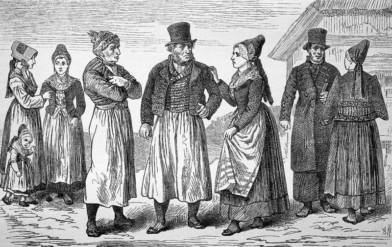 Folk costumes on Rügen, Mecklenburg-Vorpommern, Germany, in 1880, Historical, digital reproduction of an original from the 19th century, Europe