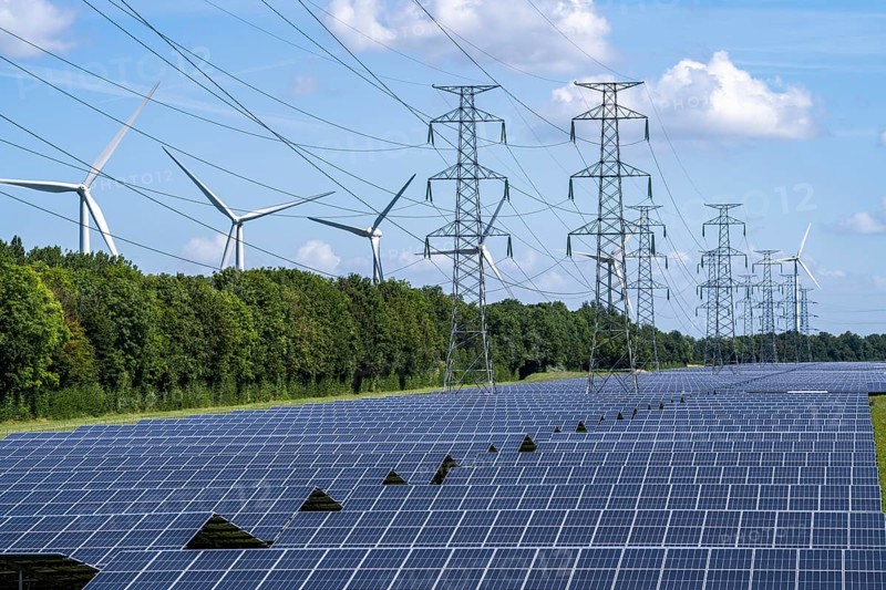 High-voltage power line route, the space underneath is used for a solar park over 5 km long, behind it a wind farm, in the harbour area of Vlissingen-Oost, Netherlands