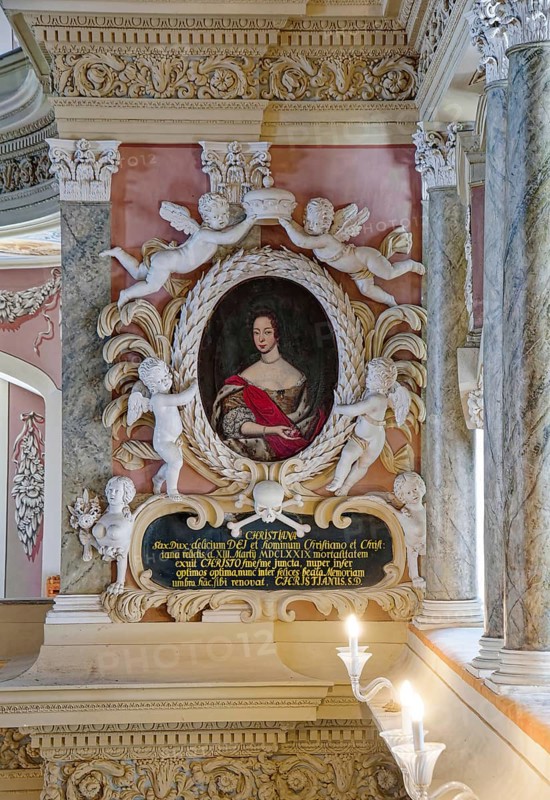 Epitaph Christiane of Saxe-Merseburg, first woman of Duke Christian of Saxe-Eisenach, baroque church, baroque castle church St. Trinitatis at Christiansburg Castle, interior view, Eisenberg, Saale-Holzland district, Thuringia, Germany, Europe