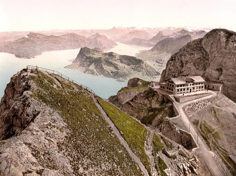 Railway, from Oberhaupt to Vierwaldstaettersee, with old hotel and donkey, Pilatus, Switzerland, Historical, digitally restored reproduction from a 19th century original, Record date not stated, Europe