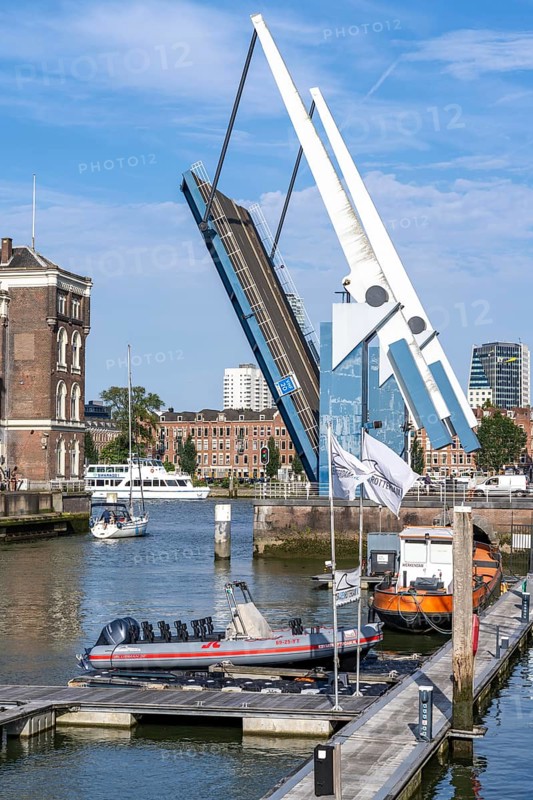 Historic Poortgebouw, with drawbridge, Rotterdam Marina, pleasure craft harbour, sailing boats, motor yachts, in the inland harbour, Feijenoord district, Rotterdam, Netherlands