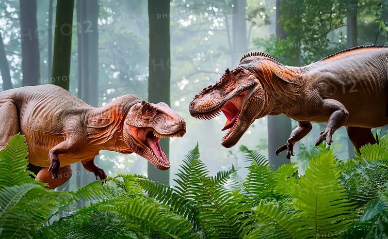 Two dinosaurs, Tyrannosaurus Rex threatening each other with wide open mouth, symbol image carnivore, lizard, prehistoric times, scary, palaeontology, AI generated, AI generated