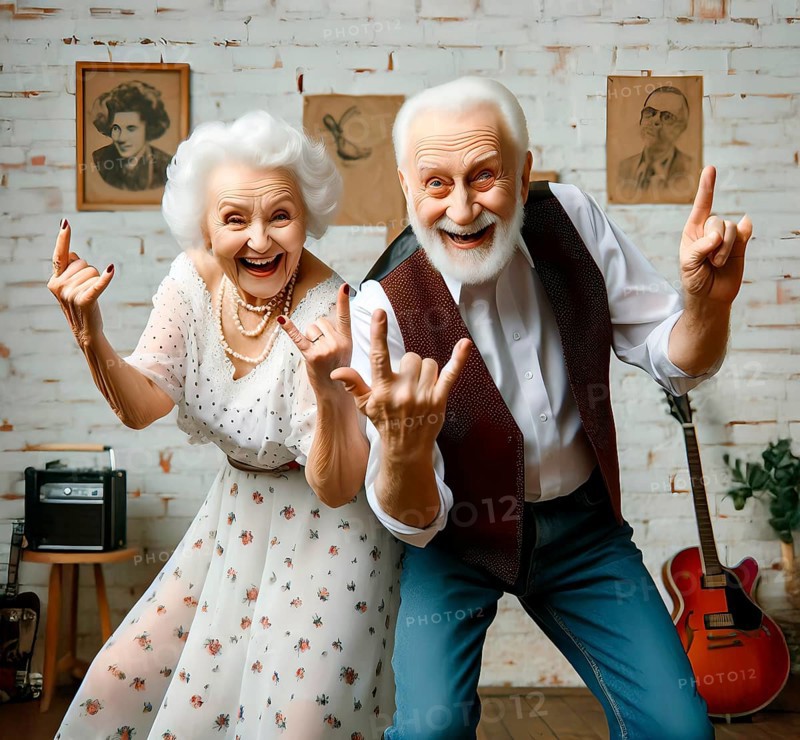 Two mobile seniors, an old man and an old woman dance lively to lively music, symbolic image, lively, happy, zest for life, zest for life in old age, pleasure, leisure, listening to music, satisfied, happy, AI generated, AI generated