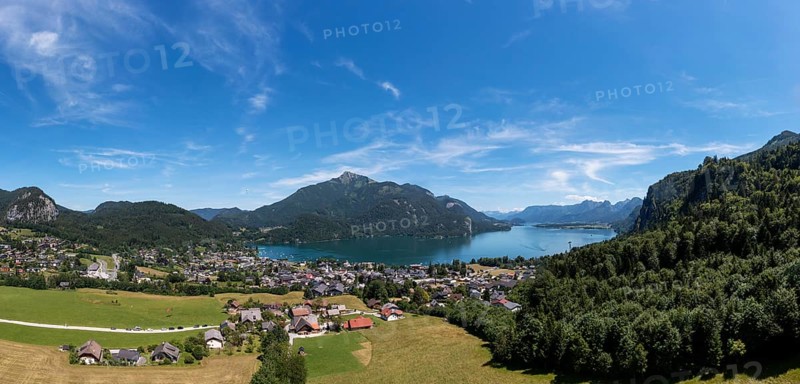 Drone image, Sankt Gilgen am Wolfgangsee with Schafberg, Osterhorn group, Salzkammergut, Salzburg province, Austria, Europe