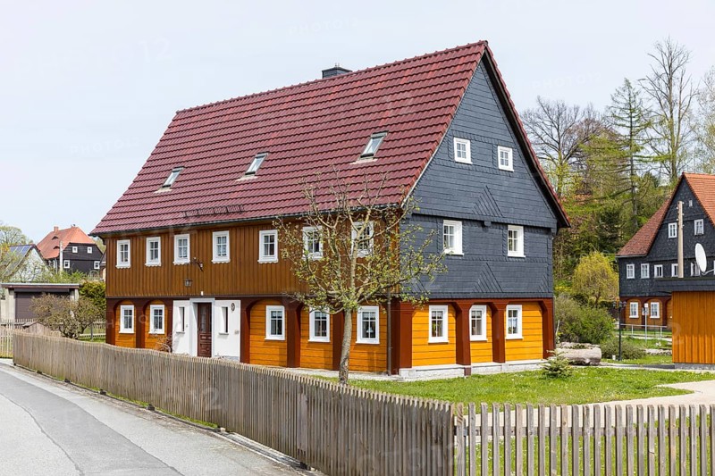 Listed half-timbered houses on the Mandau in Seifhennersdorf, Zittau Mountains, Saxony, Germany, Europe